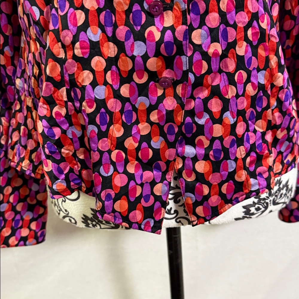 I.E. Colorful 100% Silk Blouse with colorful dotted long sleeve button down EUC - Picture 5 of 13